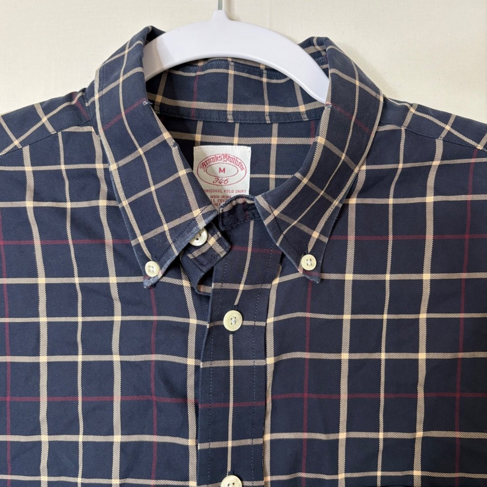 Brooks Brothers 346 Navy Windowpane Plaid Shirt Mens M Vintage Dark Academia